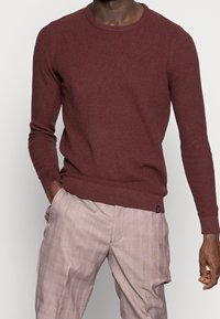 Maglione a maglia borgogna con colletto a girocollo, polsini e orlo a coste. Abbinato a pantaloni a quadri chiari con sottili righe pastello.