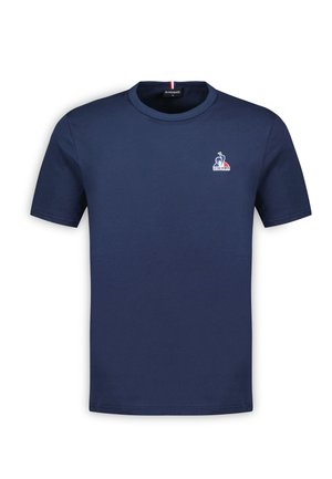 Navy blue cotton t-shirt with short sleeves, round neck, and a small logo featuring a rooster and tricolor accents on the collar.
