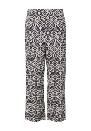 Geprinte cropped broek in roomwit en marineblauw, met een bladerenpatroon, elastische tailleband en rechte pijpen. Gemaakt van lichtgewicht stof.