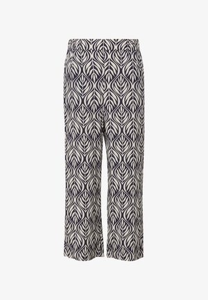 Pantalons cropped imprimés en crème et marine, avec un motif de feuilles, une taille élastique et une coupe droite. Fabriqués en tissu léger.