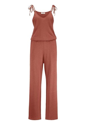 Mouwloos jumpsuit in roestkleur met verstelbare strikbandjes, V-halslijn, elastische taille en wijde pijpen.