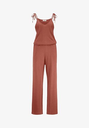 Ärmelloser Jumpsuit in Rostfarbe mit verstellbaren Bindeträgern, V-Ausschnitt, elastischer Taille und weit geschnittenen Hosenbeinen.