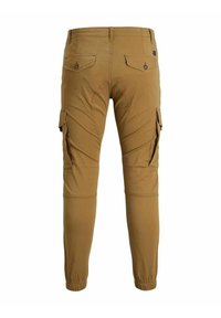 Cargo pants in a tan color, made from soft cotton blend. Features tapered leg design, elastic cuffs, and multiple side pockets.