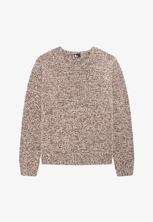 Maglione lavorato a maglia marrone e beige, con un motivo testurizzato, maniche lunghe e scollo rotondo. Materiale morbido e accogliente.