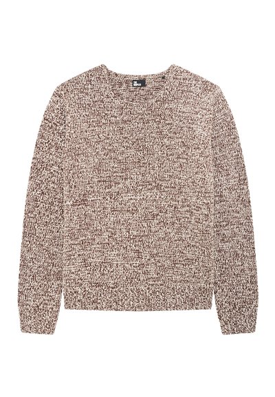 Maglione lavorato a maglia marrone e beige, con un motivo testurizzato, maniche lunghe e scollo rotondo. Materiale morbido e accogliente.