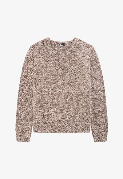 Maglione lavorato a maglia marrone e beige, con un motivo testurizzato, maniche lunghe e scollo rotondo. Materiale morbido e accogliente.