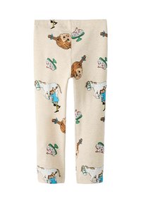 Beige ribstrikkede leggings med legende illustrationer af børn, kager og heste, alle i levende farver.