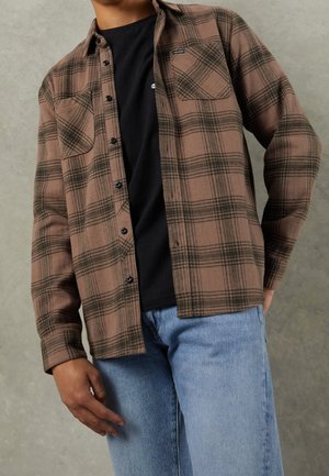 Person iført en brun og sort ternet skjorte med knapper over en sort t-shirt og lyseblå jeans mod en ensfarvet grå baggrund.