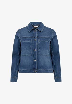 Jeansjacke in Dunkelblau mit einem Kragen, Knopfverschluss, zwei vorderen Taschen und einer klassischen Passform mit dezenten Stickdetails.