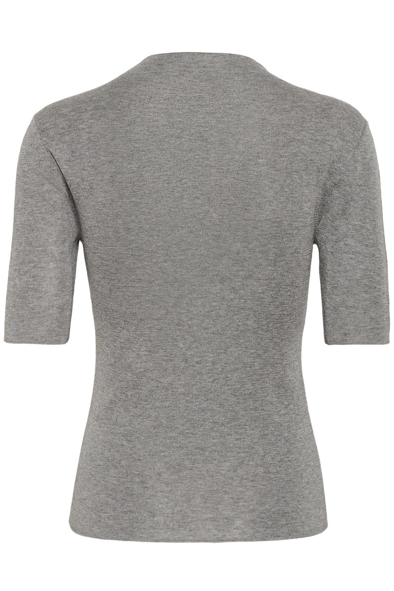 Top grigio lavorato a maglia con maniche corte, scollo rotondo e texture liscia. La vista posteriore mostra una silhouette aderente senza decorazioni.