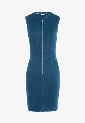 Sleeveless teal dress with a zip front, structured design, and fitted silhouette. Made of smooth fabric with a slight sheen and minimal detailing.
