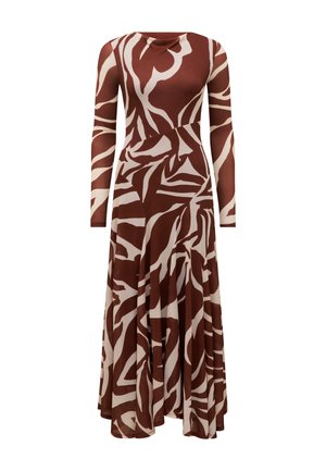 Long-sleeve brown and beige abstract patterned maxi dress with fitted bodice and flowing skirt on white background.