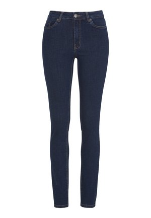 Tajta jeans i mörk denim med en figurnära silhuett. Har midja med medelhög höjd, framfickor och kontrasterande sömmar. Klassisk design.