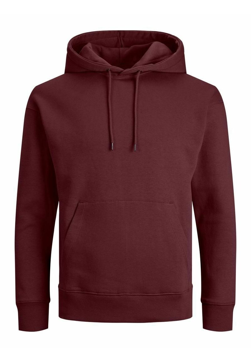 Sudadera con capucha burdeos hecha de tela suave. Cuenta con un bolsillo frontal, cordones ajustables y puños y bajo acanalados.
