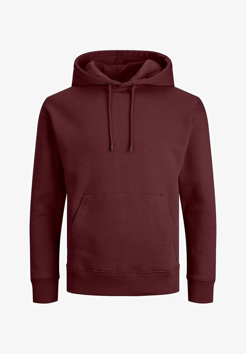 Sudadera con capucha burdeos hecha de tela suave. Cuenta con un bolsillo frontal, cordones ajustables y puños y bajo acanalados.