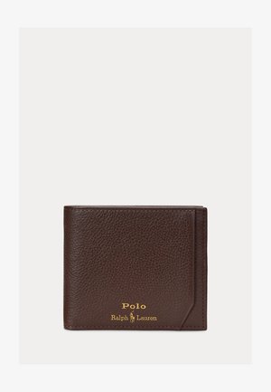 Brązowy, teksturowany skórzany portfel z złotym logo Polo Ralph Lauren wytłoczonym w prawym dolnym rogu, pokazany zamknięty na białym tle.