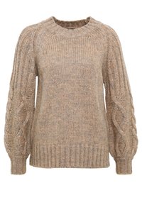 Beige neulepusero, jossa on resorinen pyöreä kaulus, hihoissa palmikkoneulosta ja teksturoitu runko lisäämään lämpöä ja mukavuutta.