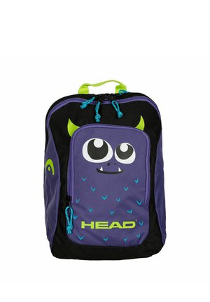 Paars-zwart rugzakje met cartoonmonstergezicht, groene hoorns, blauwe ritszegels en "HEAD"-logo op het voorvak.