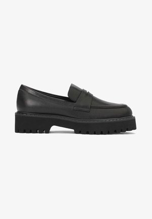 Black leather loafers with a raised, textured platform sole and a saddle strap design. Smooth finish with slight sheen.