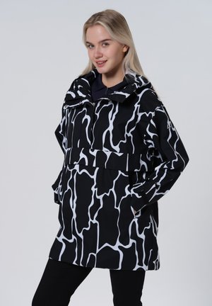 Black and white patterned hooded jacket with a zip front, long sleeves, two side pockets, and a relaxed fit, made from a lightweight material.