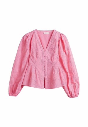 Roze blouse met lange mouwen, V-hals, voorzijde met stof bedekte knopen, pofmouwen en subtiele bloemrijke borduurdetails.