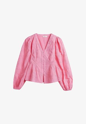 Roze blouse met lange mouwen, V-hals, voorzijde met stof bedekte knopen, pofmouwen en subtiele bloemrijke borduurdetails.