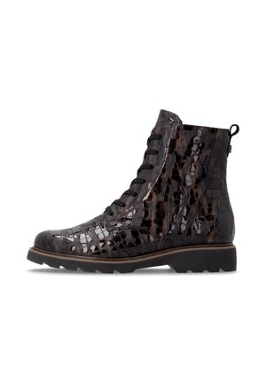 Glossy dark brown ankle boot with crocodile texture, black laces, thick sole, and pull tab at the back.