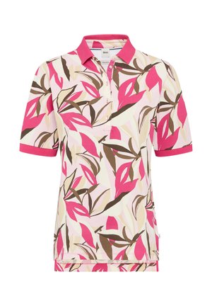 Poloshirt mit pinkfarbenem Kragen und Ärmelsäumen, versehen mit einem abstrakten Blattmuster in den Farbtönen Pink, Braun, Beige und Creme.