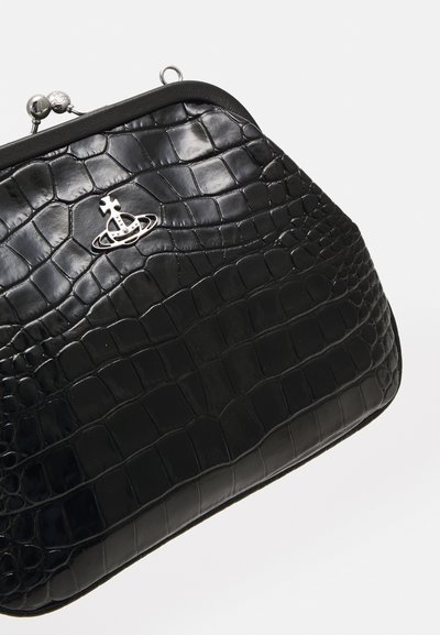Black faux crocodile leather handbag with a glossy texture, framed top, and silver hardware featuring a unique logo detail.