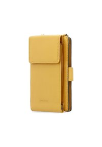 Yellow leather wallet with a flap closure, vertical orientation, smooth texture, and subtle branding on the front. Features a side strap.
