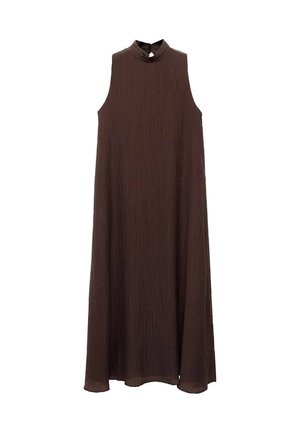 Sleeveless, ankle-length dress in dark brown fabric with a textured finish and high neck. Features a relaxed, flowing silhouette.