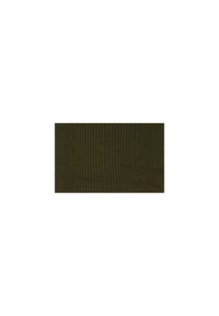 Tessuto lavorato a maglia verde oliva con una texture a costine, caratterizzato da linee verticali e una finitura morbida ed elastica.