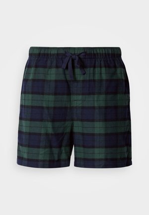 Spodenki w kratę w zielono-granatowej kolorystyce, z elastycznym paskiem i sznurkiem, o luźnym kroju. Wykonane z miękkiego materiału.