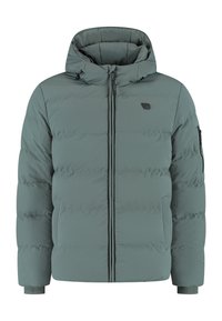 Groene gewatteerde winterjas met capuchon, voorrits, zijzakken en een ritszak op de linker mouw.