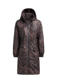 Parka impermeabile in stampa leopardata nera e marrone, lunghezza ginocchio, con cappuccio, chiusura con zip, polsini elastici e vita regolabile.