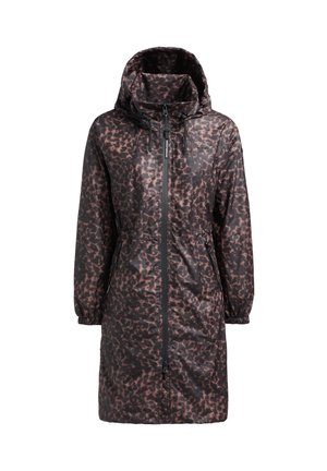 Vedenkestävä parka mustan ja ruskean leopardikuosisena, polvenmittainen, hupullinen, vetoketjulla, joustavilla hihoilla ja kiristysnyörillä.