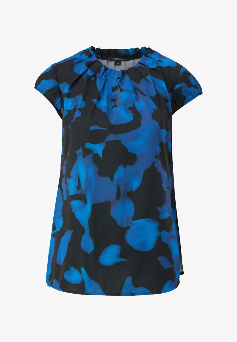 Blouse à manches courtes noire avec un motif abstrait bleu audacieux, présentant un col rond et un léger ruché aux épaules. Tissu lisse.