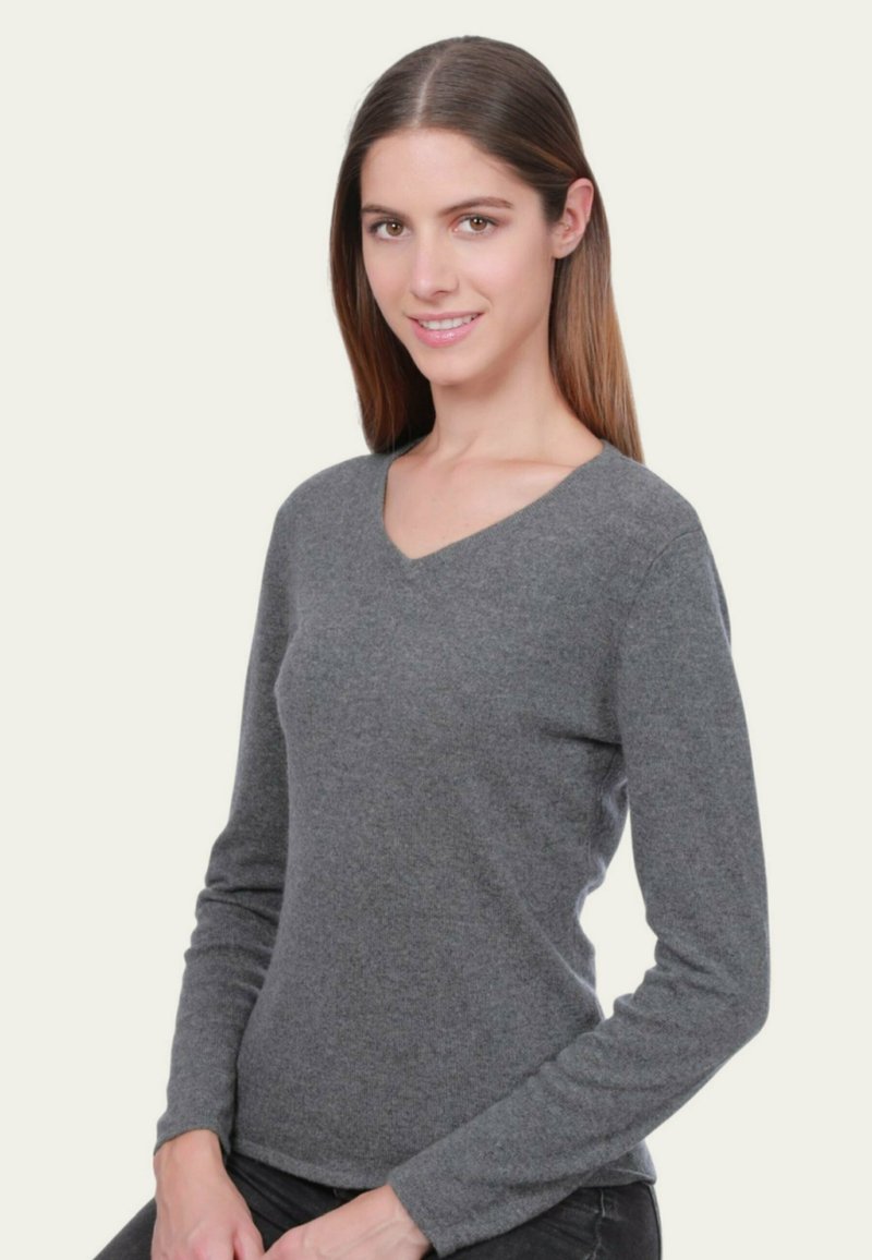 Pull gris à col en V avec manches longues, fabriqué en tissu doux. Texture lisse, coupe ajustée et style simple, idéal pour superposer.