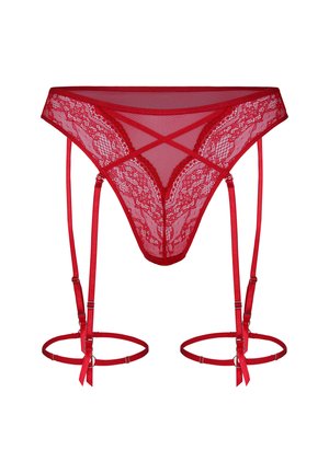 Rode kanten jarretelriem met mesh details, kruislingse bandjes en verstelbare jarretels verbonden aan twee dijbanden.