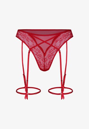 Roter Spitzenstrumpfhalter mit Netzdetails, gekreuzten Trägern und verstellbaren Strumpfhaltern, die mit zwei Oberschenkelbändern verbunden sind.