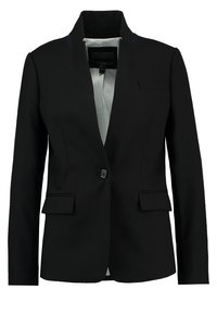 Blazer negro con cuello, cierre de un botón, dos bolsillos frontales y un forro interior a rayas. Tejido suave con un corte entallado.
