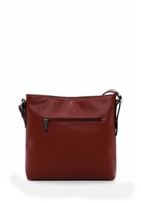 Borsa a tracolla rossa in pelle con finitura texture, dotata di una tasca frontale con zip e una forma piatta. Tracolla regolabile per maggiore comodità.