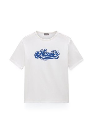 White short-sleeve t-shirt with blue "Napapijri Since 1987" logo centered on the chest, featuring a round neckline.