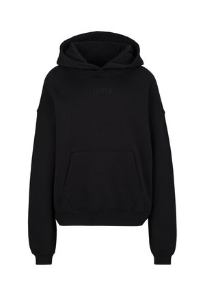 Zwarte capuchonsweatshirt met voorzak type kangoeroe en subtiele reliëftekst "19V69" op de borst, lange mouwen, en geribbelde manchetten en zoom.