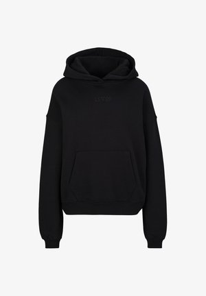 Zwarte capuchonsweatshirt met voorzak type kangoeroe en subtiele reliëftekst "19V69" op de borst, lange mouwen, en geribbelde manchetten en zoom.