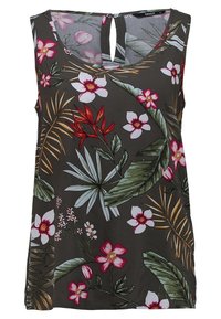 Bezrękawnik w ciemnozielonym kolorze z kwiatowym wzorem, wyróżniający się białymi i różowymi kwiatami oraz tropikalnymi liśćmi, z wycięciem z tyłu. Gładka tekstura materiału.