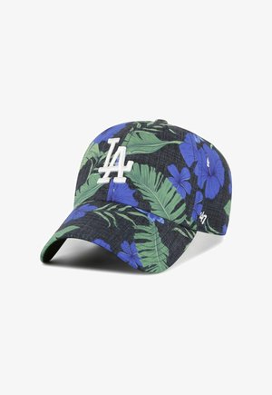 Baseball cap with green leaves and blue hibiscus flowers pattern, white embroidered "LA" logo on front and "'47" on side.