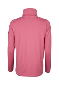 Jersey de manga larga en tejido rosa sólido con cuello alto, que presenta una textura suave y costuras limpias. Sin logotipos ni patrones visibles.