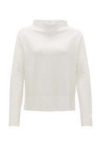 Weißer Pullover mit langen Ärmeln und hohem Kragen, der ein strukturiertes Muster und einen lockeren Schnitt aufweist. Hergestellt aus weichem, gestricktem Stoff.