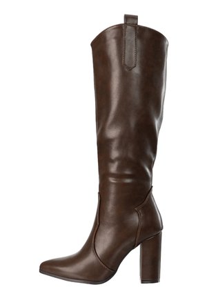 Tall dark brown leather boot with pointed toe and block high heel, featuring a pull tab at the top of the shaft.